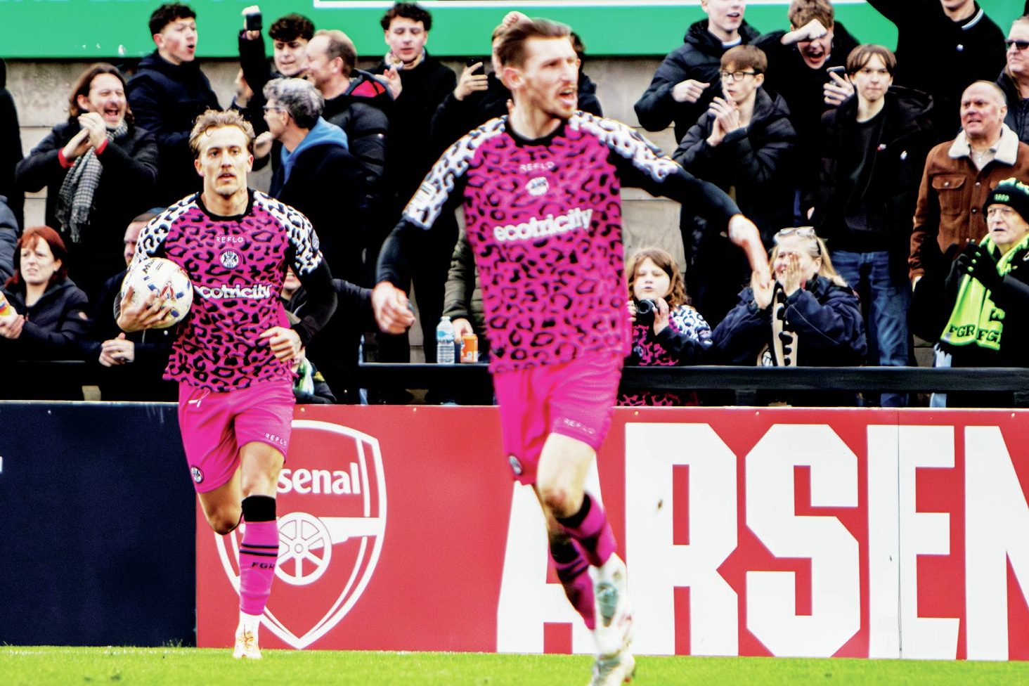 Forest Green Rovers dash back to the centre circle after Kyle McAllister’s penalty made it 1-1 against Boreham Wood