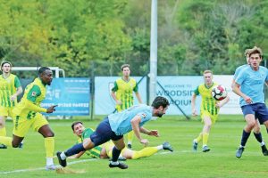 Benfleet’s Aaron Russell heads home against Great Wakering Rovers