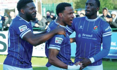 Micah Obiero celebrates his superb late winner for Wealdstone against Marine