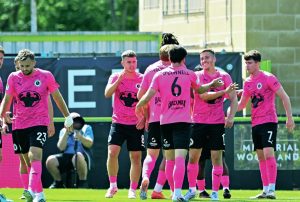 Boreham Wood players congratulate each other after Lewis Richardson made it 2-0